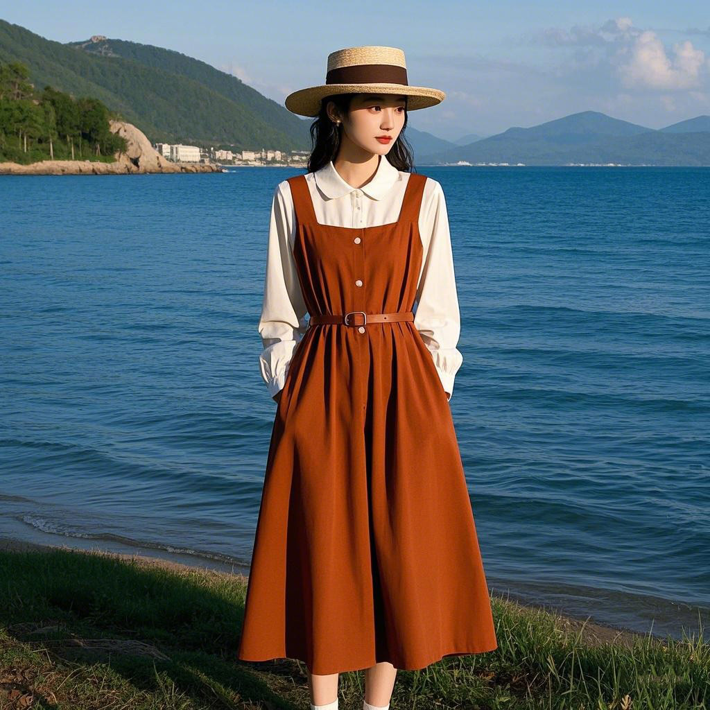 盐甜系穿搭桔梗a字长裙收腰显瘦气质温柔两件套连衣裙女春秋新款